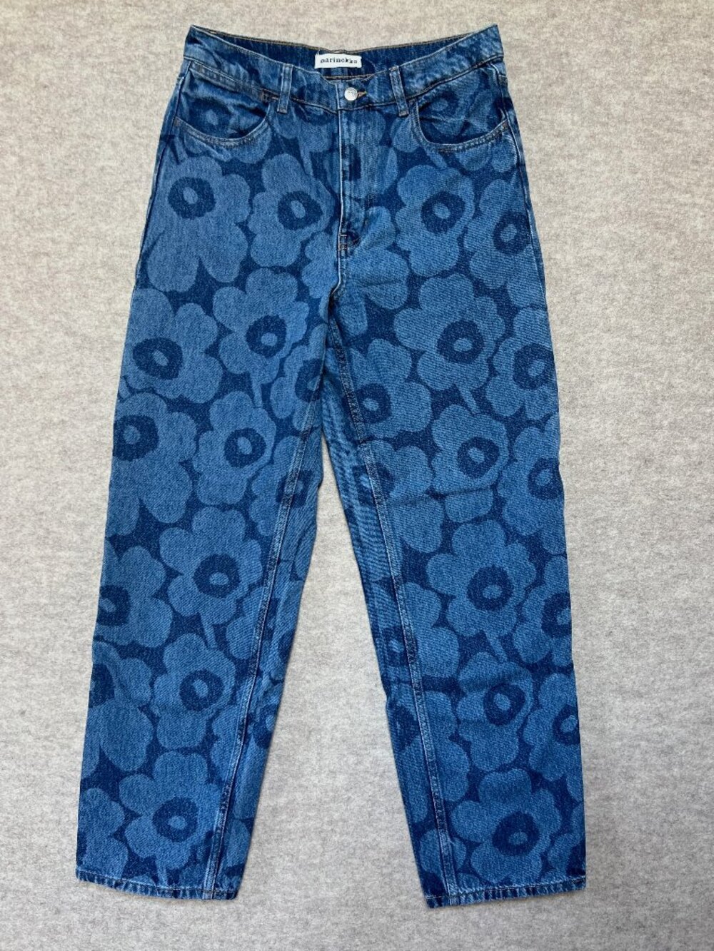 MARIMEKKO Maridenim Barrel Jeans Unikko Print Blue Denim Pants Womens 32W 28L